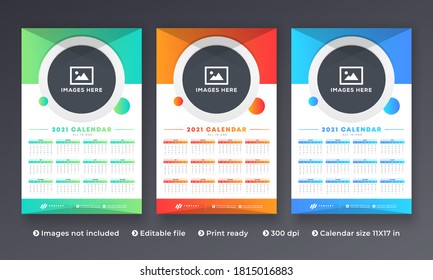 2021 Wall Calendar Design, Set Wall Calendar design with Place for Photo and Company Logo. All in One. Set of 12 Months Vector Template