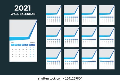  2021 Diseño del calendario de pared Conjunto de 12 meses, la semana comienza el lunes
