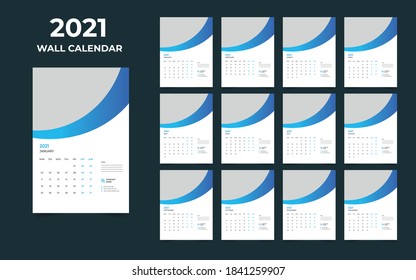  2021 Wall calendar design  Set of 12 Months, Week starts Monday
