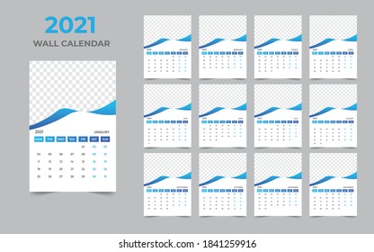  2021 Wall calendar design  Set of 12 Months, Week starts Monday
