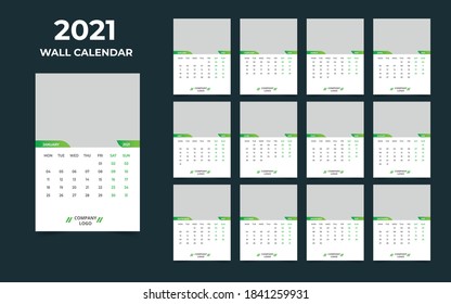  2021 Diseño del calendario de pared Conjunto de 12 meses, la semana comienza el lunes
