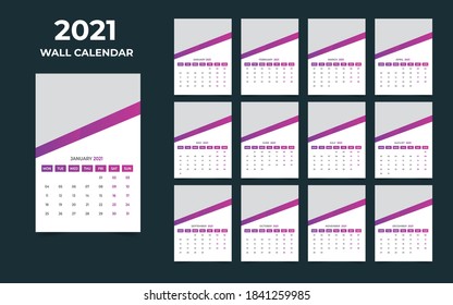  2021 Wall calendar design  Set of 12 Months, Week starts Monday

