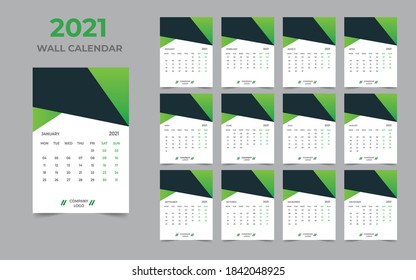  2021 Diseño del calendario de pared Conjunto de 12 meses, la semana comienza el lunes

