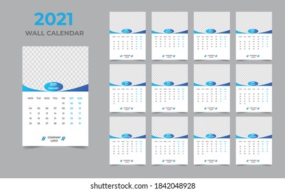  2021 Diseño del calendario de pared Conjunto de 12 meses, la semana comienza el lunes
