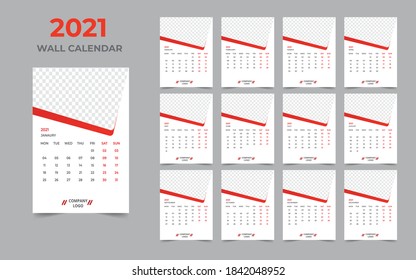  2021 Wall calendar design  Set of 12 Months, Week starts Monday

