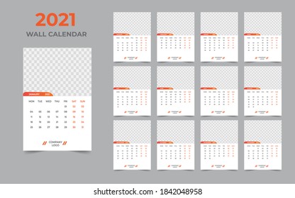 2021 Diseño del calendario de pared Conjunto de 12 meses, la semana comienza el lunes
