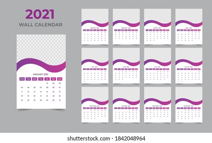  2021 Diseño del calendario de pared Conjunto de 12 meses, la semana comienza el lunes
