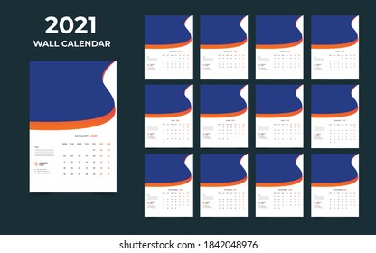  2021 Wall calendar design  Set of 12 Months, Week starts Monday
