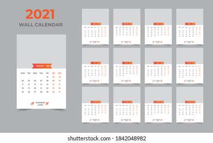  2021 Wall calendar design  Set of 12 Months, Week starts Monday

