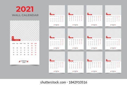 2021 wall calendar design. Set of 12 months. Week starts Monday.Ready for print.