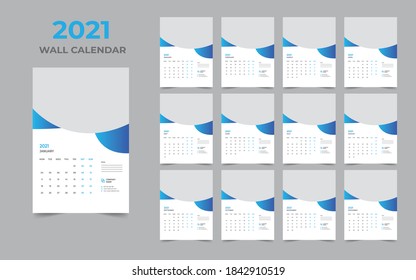 2021 wall calendar design. Set of 12 months. Week starts Monday.Ready for print.