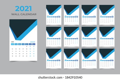2021 wall calendar design. Set of 12 months. Week starts Monday.Ready for print.