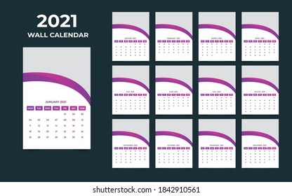 2021 wall calendar design. Set of 12 months. Week starts Monday.Ready for print.