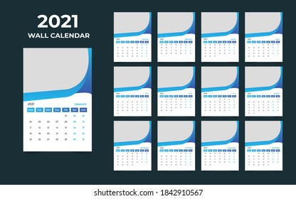 2021 wall calendar design. Set of 12 months. Week starts Monday.Ready for print.