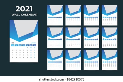Diseño del calendario de pared 2021. Conjunto de 12 meses. La semana comienza el lunes. Listo para imprimir.
