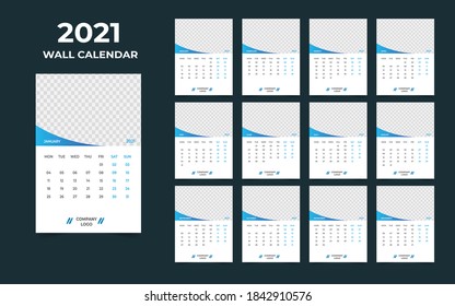 2021 wall calendar design. Set of 12 months. Week starts Monday.Ready for print.