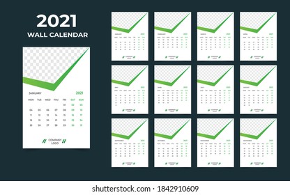 2021 wall calendar design. Set of 12 months. Week starts Monday.Ready for print.
