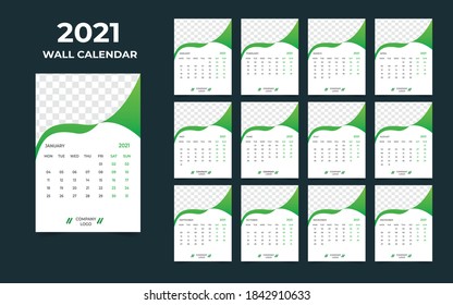 2021 wall calendar design. Set of 12 months. Week starts Monday.Ready for print.