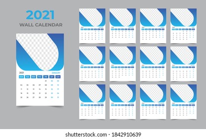 2021 wall calendar design. Set of 12 months. Week starts Monday.Ready for print.