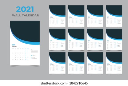 2021 wall calendar design. Set of 12 months. Week starts Monday.Ready for print.