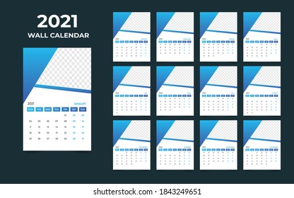 2021 wall calendar design. Set of 12 months. Week starts Monday.Ready for print.