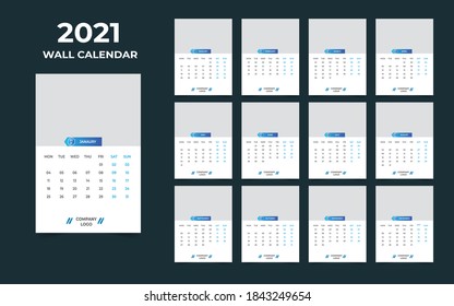 Diseño del calendario de pared 2021. Conjunto de 12 meses. La semana comienza el lunes. Listo para imprimir.