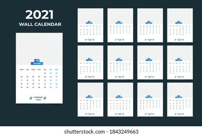 2021 wall calendar design. Set of 12 months. Week starts Monday.Ready for print.