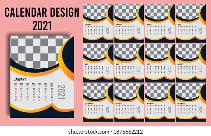 2021 wall calendar template design 12 months include color black and golden