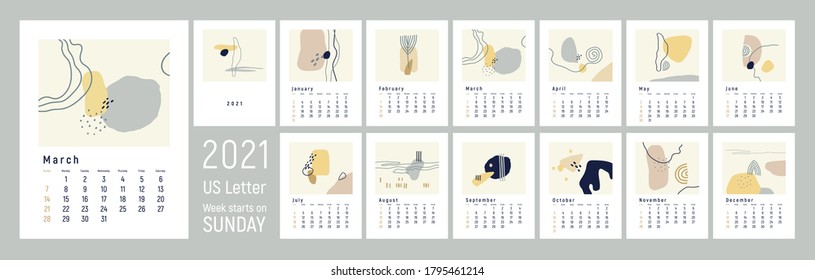 2021 wall сalendar design. Set of 12 months. Week starts on Sunday. Monthly Wall Calendar 2021. US Letter format. Editable calender page template. Abstract vector illustrations. Pastel colors.