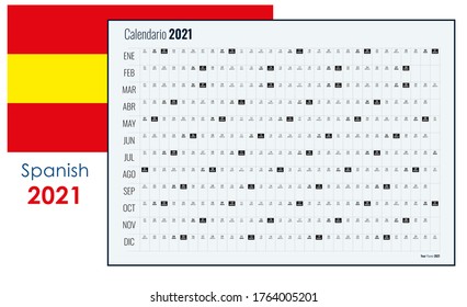 2021 Wall Planner in Spanish. Yearly calendar and organizer. Simple layout in B&W colors. Template for the company and family. 12 horizontal months on one page. Free copy space for notes with grid.