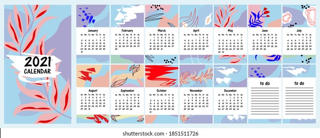 2021 wall сalendar. Set of 12 months and notes sheets. Callendar can be used as phone screensaver. Abstract artistic vector illustrations.