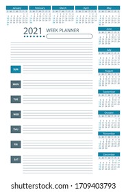 2021 Week Planner Calendar. Blue color. Week starts sunday. Poster Vector Template.