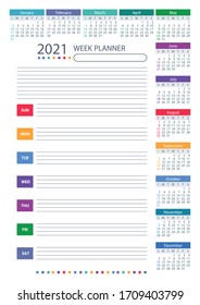2021 Week Planner Calendar. Colorful design. Week starts sunday. Poster Vector Template.