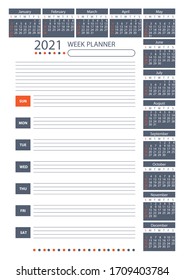 2021 Week Planner Calendar. Poster Vector Template.