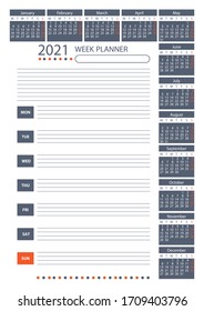 2021 Week Planner Calendar. Week starts monday. Poster Vector Template.