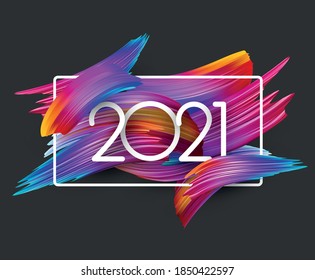 2021 white sign over colorful gradient brush strokes. White square frame and dark background. Vector holiday illustration.