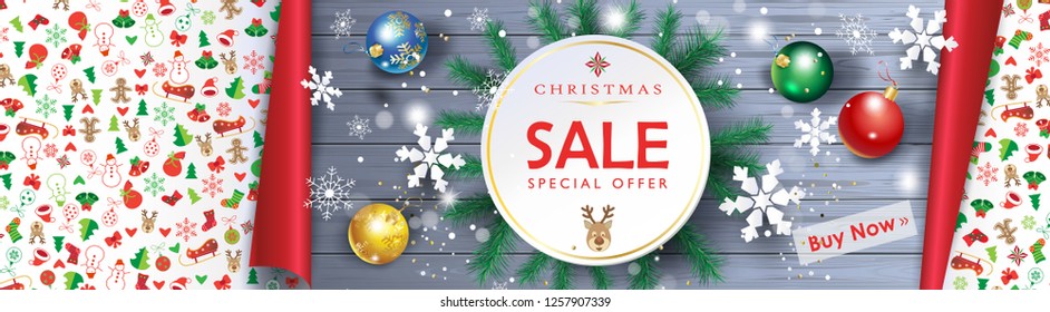 2021 Winter Holiday Happy New Year Christmas Sale gift card, symbols snowman, Santa Christmas tree Christmas ball, hat, reindeer, stars, snow, snowflakes festive decoration icons drawing design vector