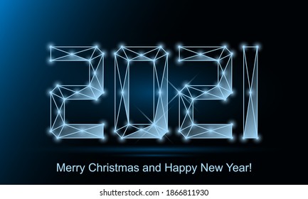 2021 wireframe sign vector illustration on blue background. Low poly concept.