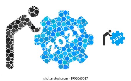 2021 worker rolling gear collage of round dots in various sizes and color tones. Vector round elements are grouped into 2021 worker rolling gear collage.