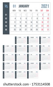 2021 year blue calendar. Month countdown page set. Day, week. Date and schedule. Printable version template simple design. Corporate and business office personal classic organizer in english