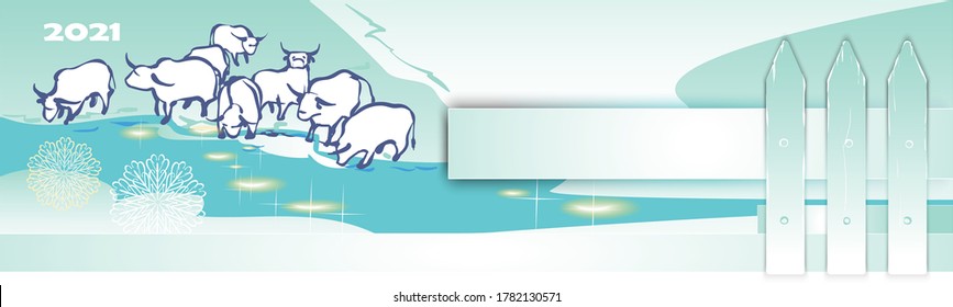 2021 year of the bull. Blue shades of color.A herd of white bulls or cows.Banner.Graphic image of the new year's theme with bulls and the inscription 2021.Cute rustic fence for your records.