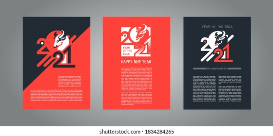 2021 year of the bull modern posters set, logo with number and animal head, three covers or flyers, vector vertical illustration