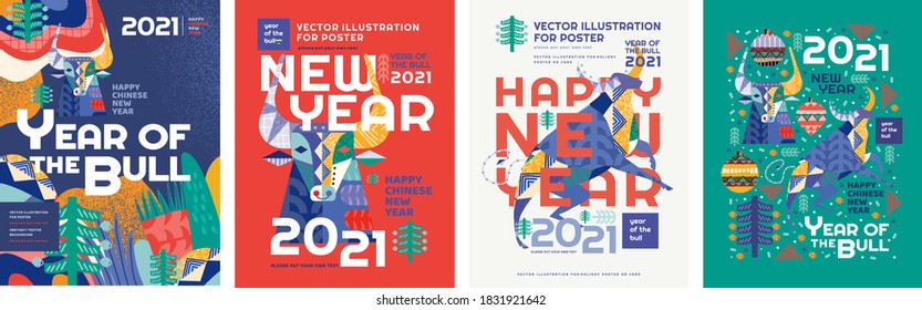 2021. Year of the bull. Vector abstract illustration for the new year for poster, background or card. Geometric drawings for the year of the bull according to the Eastern Chinese calendar