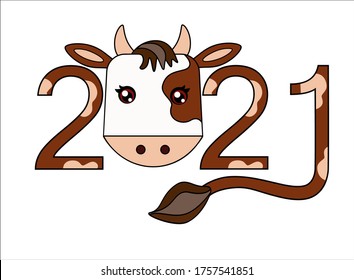 2021 year of the bull. Vector image with the date 2021 and the head of a bull. Spotted buffalo head and spotted numbers for a calendar or New Year's card.