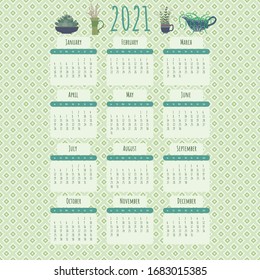 2021 year business or personal calendar. Yearly planner template. 2021 organizer with house/indoor plants. Vector art