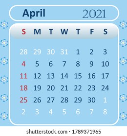 2021 year calendar april blue background vector