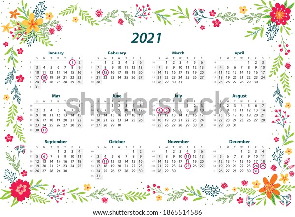 2021 Year Calendar English Language Week Stock Vector Royalty Free 1865514586