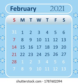 2021 year calendar February blue background vector