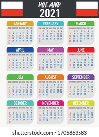 2021 year calendar with national flag of country Poland. Month, day, week. Colorful palette, trendy, simply design. Vector illustration for web, business, reminder, planner