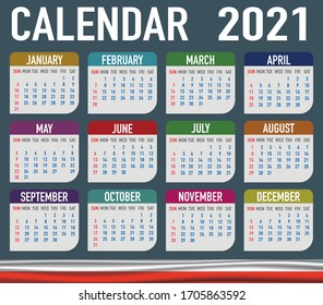 2021 year calendar with national flag of country Poland. Month, day, week. Colorful palette, trendy, simply design. Vector illustration for web, business, reminder, planner